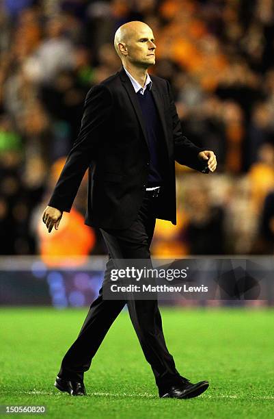 Stale Solbakken, manager of Wolverhampton Wanderers walks off the pitch after the npower Championship match between Wolverhampton Wanderers and...