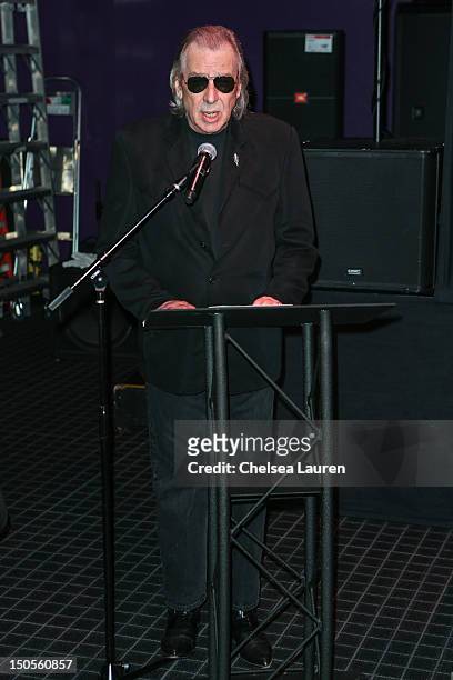 Jim Ladd speaks at Alanis Morissette's Rockwalk induction ceremony at Guitar Center on August 21, 2012 in Hollywood, California.