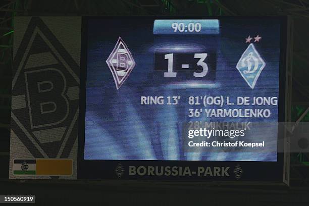 The video board shows the result of the UEFA Champions League play-off first leg match between Borussia Moenchengladbach and Dynamo Kiew at Borussia...