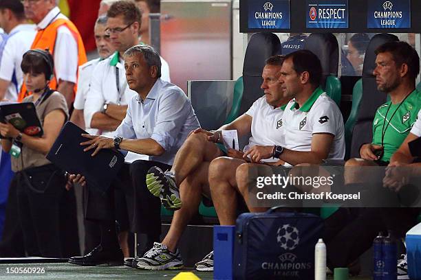 Head coach Lucien Favre of Moenchengladbach looks dejected during the UEFA Champions League play-off first leg match between Borussia...