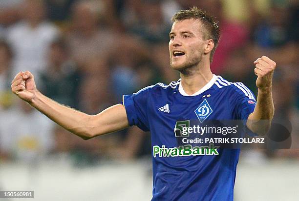 Kyiv´s midfielder Andriy Yarmolenko reacts during the Champions League Play-off round 1 st leg football match Borussia Moenchengladbach vs FC Dynamo...