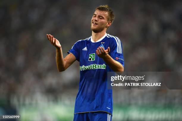 Kyiv´s midfielder Andriy Yarmolenko reacts during the Champions League Play-off round 1 st leg football match Borussia Moenchengladbach vs FC Dynamo...