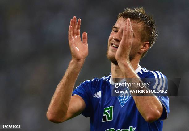 Kyiv´s midfielder Andriy Yarmolenko reacts during the Champions League Play-off round 1 st leg football match Borussia Moenchengladbach vs FC Dynamo...