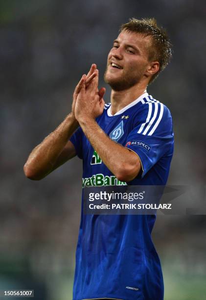 Kyiv´s midfielder Andriy Yarmolenko reacts during the Champions League Play-off round 1 st leg football match Borussia Moenchengladbach vs FC Dynamo...