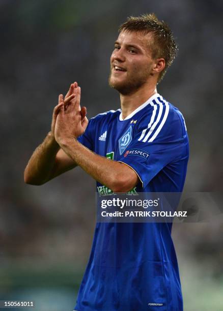 Kyiv´s midfielder Andriy Yarmolenko reacts during the Champions League Play-off round 1 st leg football match Borussia Moenchengladbach vs FC Dynamo...