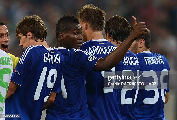 Kyiv´s striker Ideye Brown reacts during the Champions League Play-off round 1 st leg football match Borussia Moenchengladbach vs FC Dynamo Kyiv on...