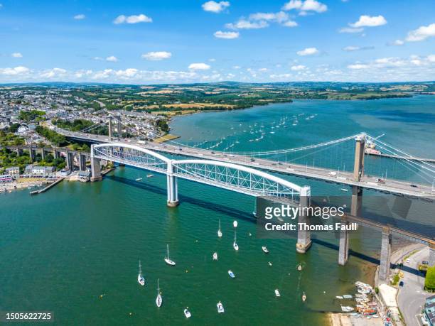 aerial view of royal albert and tamar bridges - plymouth stockfoto's en -beelden