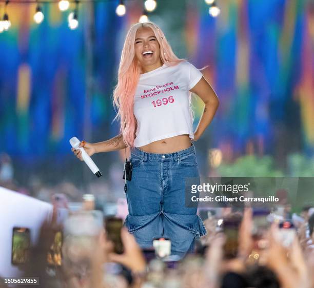 Singer Karol G is seen performing during a rehearsal at NBC's "Today" show Citi Concert Series at Rockefeller Plaza on June 30, 2023 in New York City.