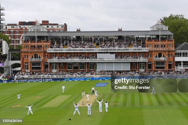 General view inside the stadium as Stuart Broad of England appeals unsuccessfully for the wicket of Marnus Labuschagne of Australia during Day Three...