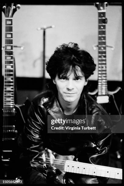 Andy Taylor of Duran Duran with guitars in Maison Rouge Studios, July 1984.