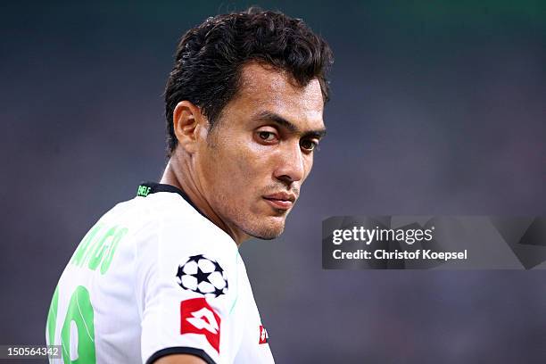 Juan Arrango of Moenchengladbach looks thoughtful during the UEFA Champions League play-off first leg match between Borussia Moenchengladbach and...