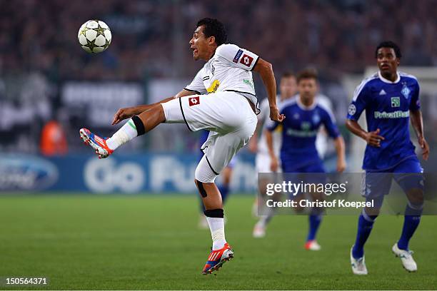 Juan Arrango of Moenchengladbach shoots the ball during the UEFA Champions League play-off first leg match between Borussia Moenchengladbach and...