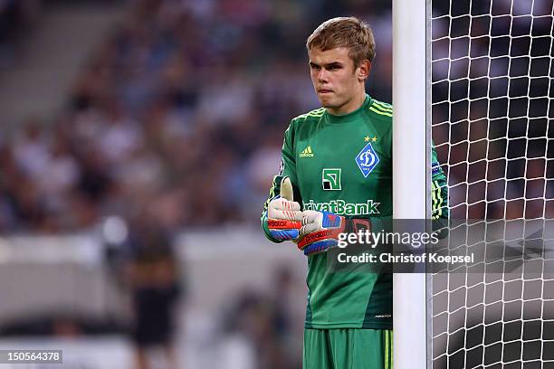 Maxym Koval of Kiew looks on during the UEFA Champions League play-off first leg match between Borussia Moenchengladbach and Dynamo Kiew at Borussia...