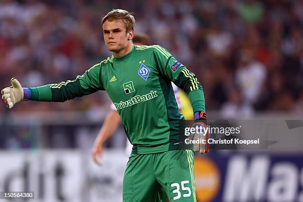 Maxym Koval of Kiew looks on during the UEFA Champions League play-off first leg match between Borussia Moenchengladbach and Dynamo Kiew at Borussia...