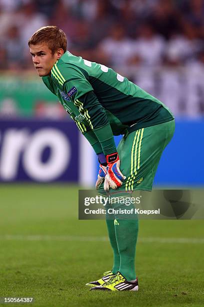 Maxym Koval of Kiew looks on during the UEFA Champions League play-off first leg match between Borussia Moenchengladbach and Dynamo Kiew at Borussia...