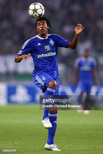 Ideye Brown of Kiew does a header during the UEFA Champions League play-off first leg match between Borussia Moenchengladbach and Dynamo Kiew at...