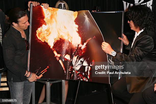 Eric Singer and Paul Stanley of the Rock Band KISS attend the launch of the KISS Monster Book at the Viper Room on August 21, 2012 in West Hollywood,...
