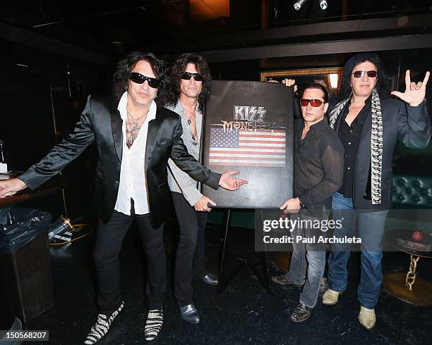 Paul Stanley, Tommy Thayer, Eric Singer and Gene Simmons of the Rock Band KISS attend the launch of the KISS Monster Book at the Viper Room on August...