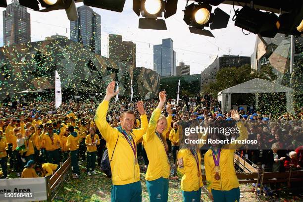 Drew Ginn, Kimberly Crow, Sally Pearson and Anna Meares pose during the Australian Olympic Team Homecoming Parade at Federation Square on August 22,...