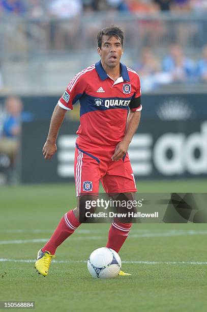 Pavel Pardo of the Chicago Fire controls the ball during the match against the Philadelphia Union at PPL Park on August 12, 2012 in Chester,...