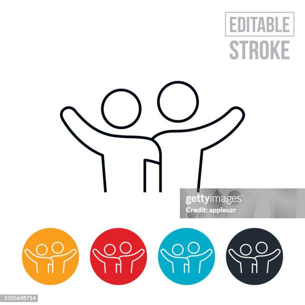 zwei freunde mit armen um die schultern des anderen winken mit dünnem liniensymbol - bearbeitbarer strich - arm umlegen stock-grafiken, -clipart, -cartoons und -symbole