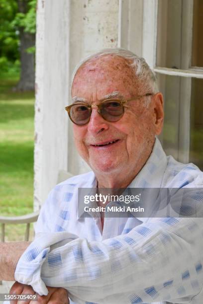 Close-up of American film director James Ivory on the porch at his home, Claverack, New York, June 23, 2023.