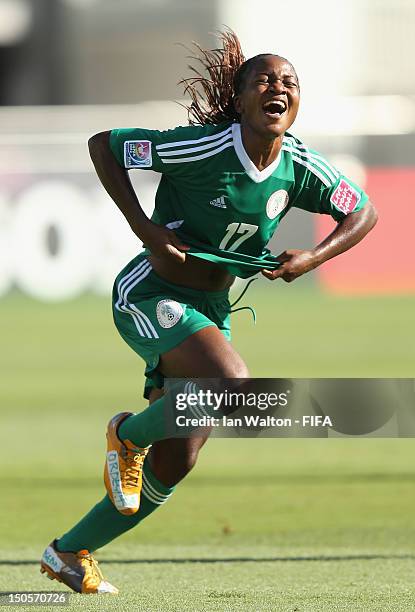 Francisca Ordega of Nigeria celebrates scoring a goal during the FIFA U-20 Women's World Cup Japan 2012, Group B match between Brazil and Nigeria at...