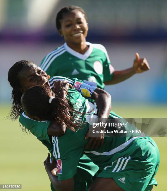 Francisca Ordega of Nigeria celebrates scoring a goal during the FIFA U-20 Women's World Cup Japan 2012, Group B match between Brazil and Nigeria at...