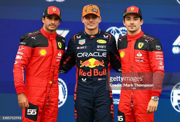 Second placed qualifier Charles Leclerc of Monaco and Ferrari, Pole Position qualifier Max Verstappen of the Netherlands and Oracle Red Bull Racing...