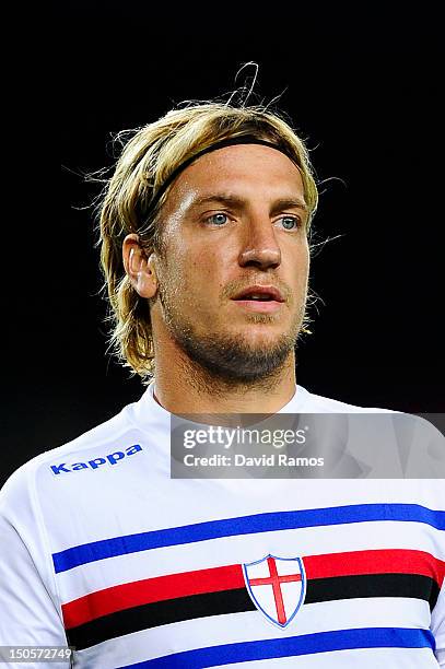 Maxi Lopez of Sampdoria looks on during the Joan Gamper Trophy friendly match between FC Barcelona and Sampdoria at Camp Nou on August 20, 2012 in...