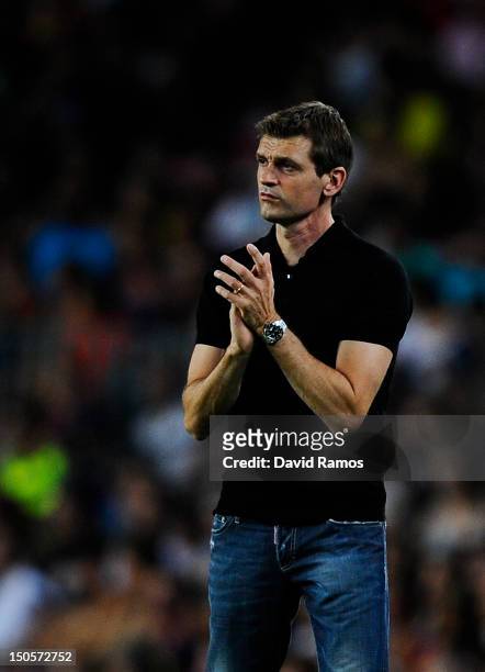 Head coach Tito Vilanova of FC Barcelona reacts during the Joan Gamper Trophy friendly match between FC Barcelona and Sampdoria at Camp Nou on August...