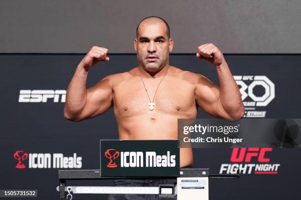 Blagoy Ivanov of Bulgaria poses on the scale during the UFC Fight Night weigh-in at UFC Apex on June 30, 2023 in Las Vegas, Nevada.