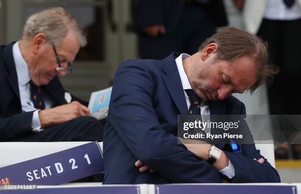 An MCC member is seen asleep as rain delays play during Day Three of the LV= Insurance Ashes 2nd Test match between England and Australia at Lord's...