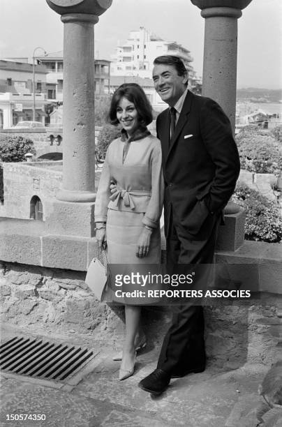 Actor Gregory Peck and and his wife Veronique at the Chateau de la Napoule during Cannes Film Festival in May, 1963 in Cannes, France.