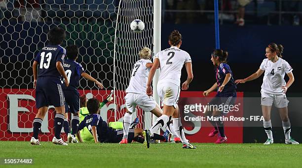 Ayu Nakada of Japan scores an own goal during the FIFA U-20 Women's World Cup 2012 group A match between Japan and New Zealand at Miyagi Stadium on...
