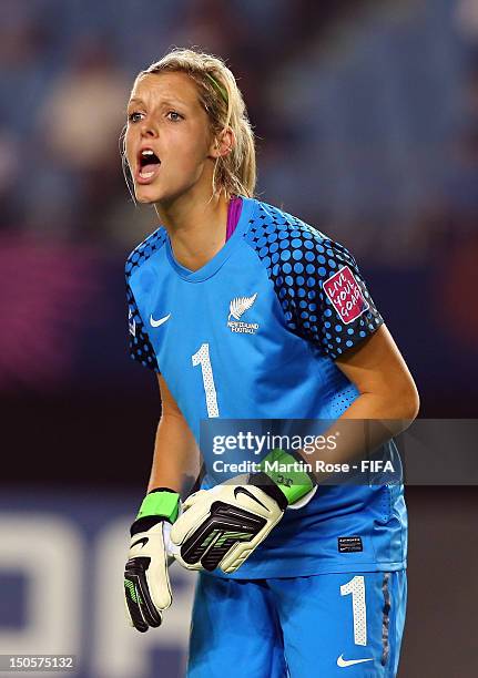 Erin Nayler, goalkeeper of New Zealand gives instructions during the FIFA U-20 Women's World Cup 2012 group A match between Japan and New Zealand at...