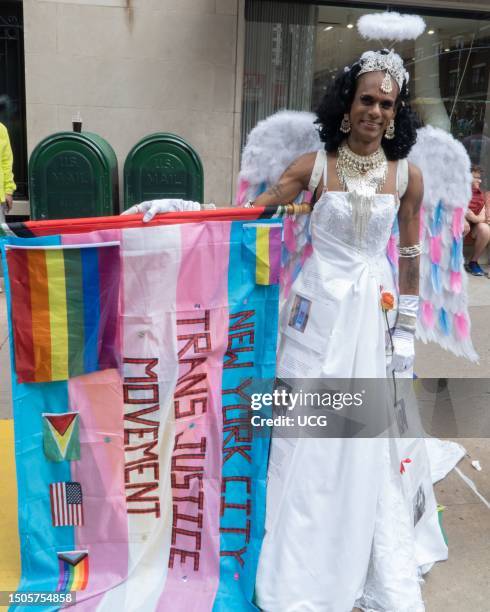 Person displays a homemade banner that reads New York City Trans Justice Movement and which is adorned with several different flags. The subject is a...