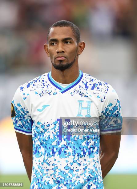 Jerry Bengtson of Honduras stands for his national anthem before the match between Qatar and Honduras as part of the 2023 CONCACAF Gold Cup at State...