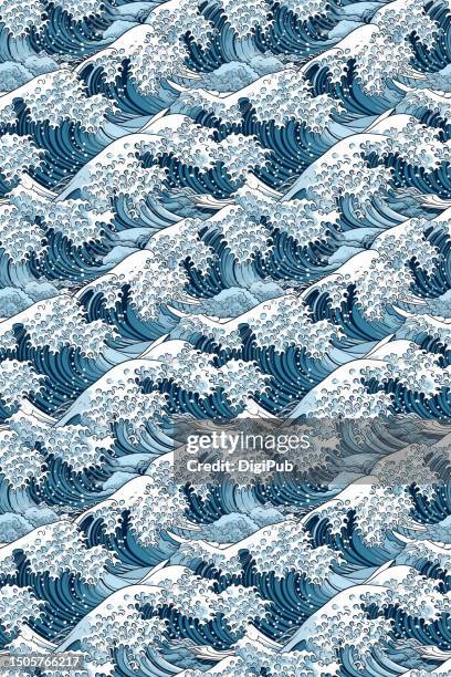 water wave seamless quartet continuous pattern 2*3 in the style of katsushika hokusai - prefectura de kanagawa fotografías e imágenes de stock