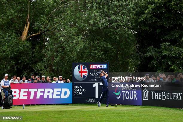 Justin Rose of England tees off on the 17th hole during Day Two of the Betfred British Masters hosted by Sir Nick Faldo 2023 at The Belfry on June...