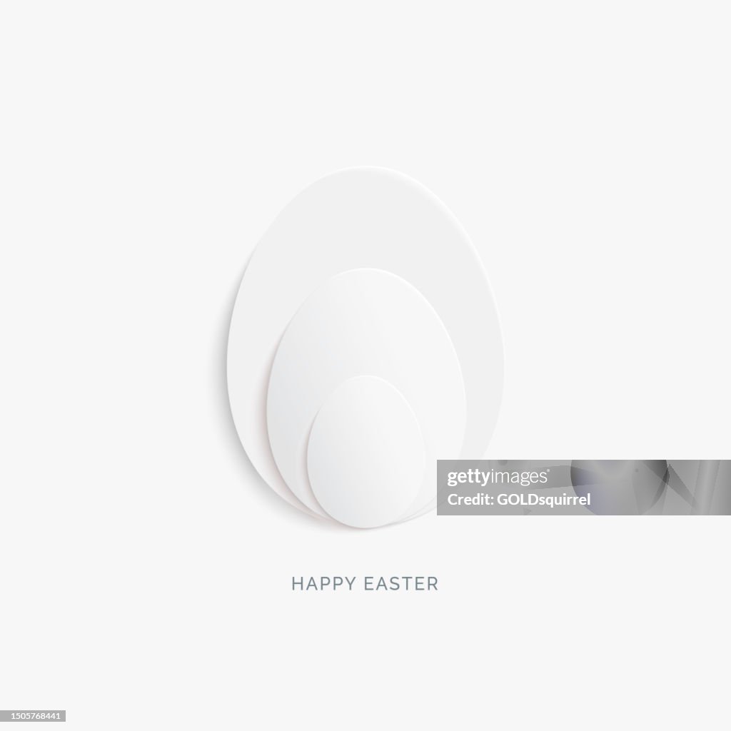 Simple Easter card design with round elements and HAPPY EASTER text under - creative illustration in vector in shade of white - realistic 3D eggs arranged in an aesthetic composition on white paper background