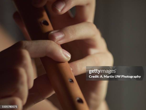 young woman playing wooden recorder - flauta imagens e fotografias de stock