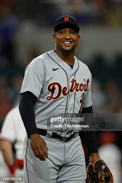 Jonathan Schoop of the Detroit Tigers reacts as he walks off the field after pitching in the eighth inning against the Texas Rangers at Globe Life...