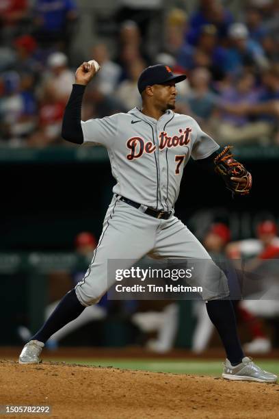 Jonathan Schoop of the Detroit Tigers pitches in the eighth inning against the Texas Rangers at Globe Life Field on June 28, 2023 in Arlington, Texas.