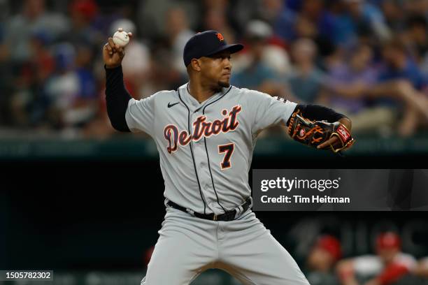 Jonathan Schoop of the Detroit Tigers pitches in the eighth inning against the Texas Rangers at Globe Life Field on June 28, 2023 in Arlington, Texas.