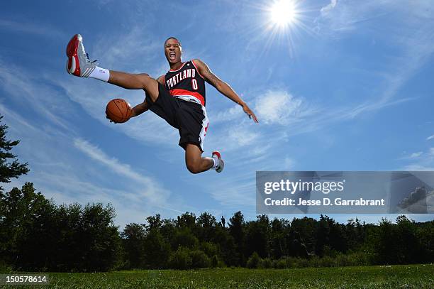 Damian Lillard of the Portland Trail Blazers poses for a portrait during the 2012 NBA rookie photo shoot on August 21, 2012 at the MSG Training...