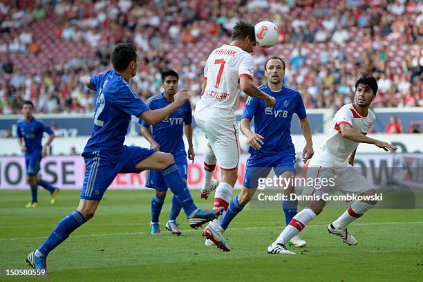 Martin Harnik of Stuttgart heads the ball during the UEFA Europa League Qualifying Play-Off match between VfB Stuttgart and FC Dynamo Moscow at...