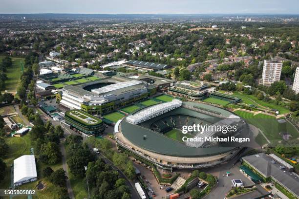 An aerial view of the All England Lawn Tennis & Croquet Club ahead of The Championships Wimbledon 2023 at on June 29, 2023 in London, England.