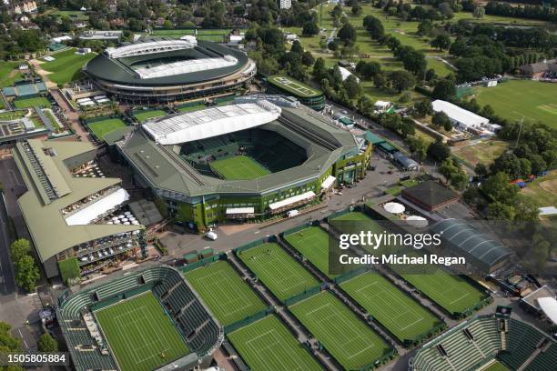 An aerial view of the All England Lawn Tennis & Croquet Club ahead of The Championships Wimbledon 2023 at on June 29, 2023 in London, England.