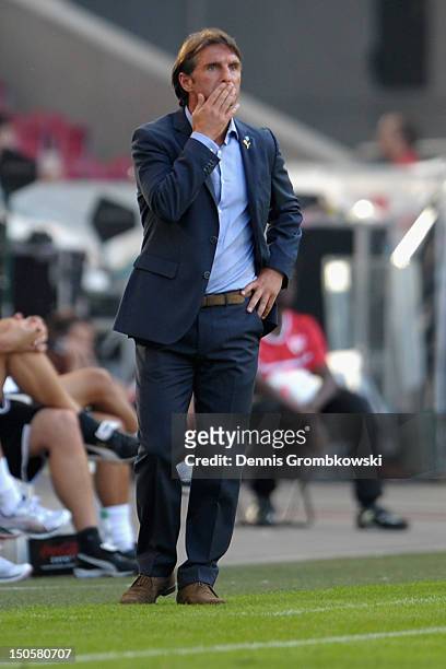 Head coach Bruno Labbadia of Stuttgart reacts during the UEFA Europa League Qualifying Play-Off match between VfB Stuttgart and FC Dynamo Moscow at...